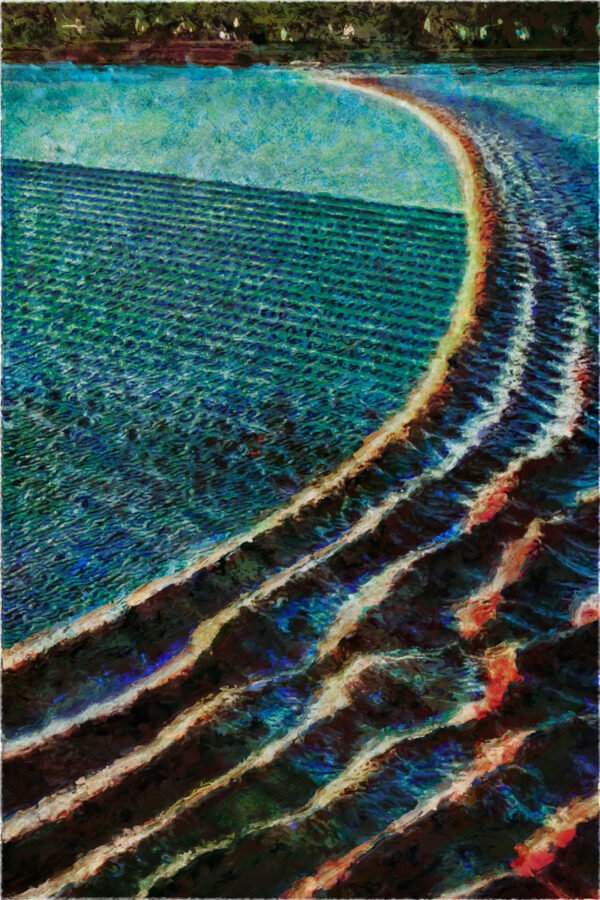A colorful impressionist artwork depicting unusual tidal patterns on the surface of a river