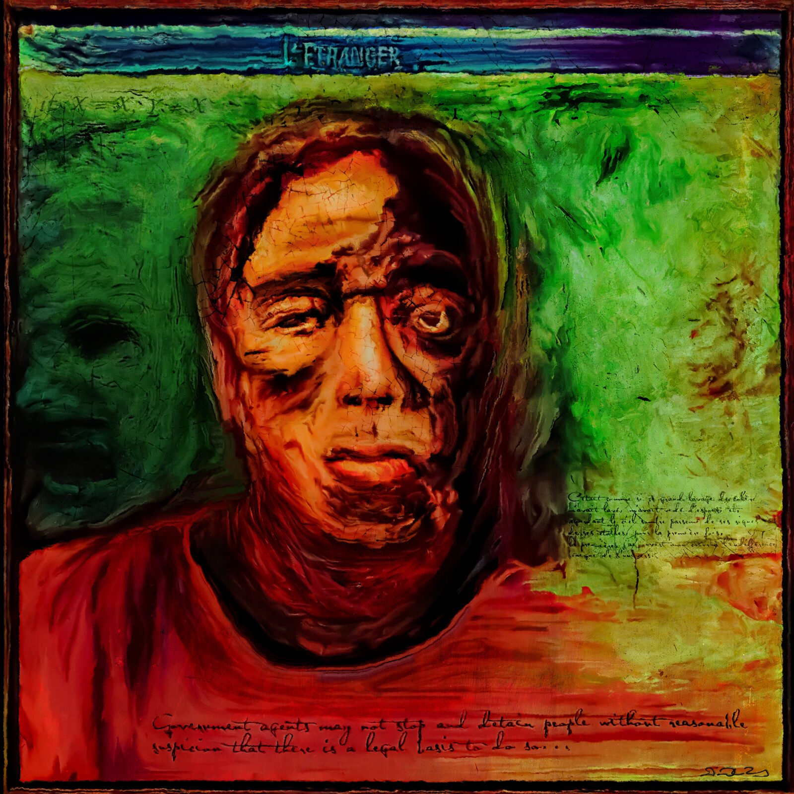 Expressive portrait of a scarred man, contrasts vibrant and earthy tones with symbolic depth.