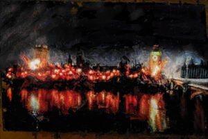 Dramatic painting portrays the Houses of Parliament aflame.