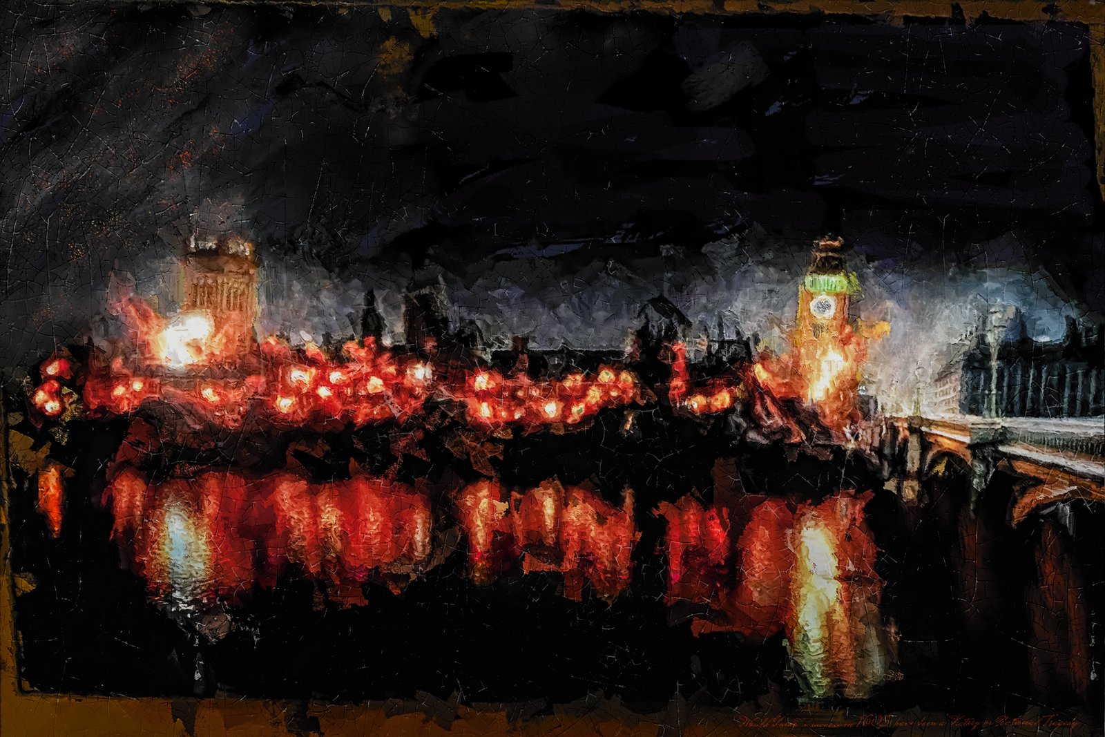 Dramatic painting portrays the Houses of Parliament aflame.