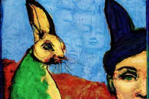 Surreal rabbit figure stares at woman’s head in a colorful abstract dreamscape.