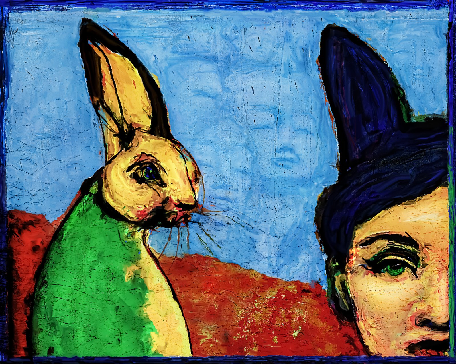 Surreal rabbit figure stares at woman’s head in a colorful abstract dreamscape.