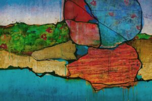 Colorful abstract landscape with layered organic shapes in turquoise, red, green, and gold.