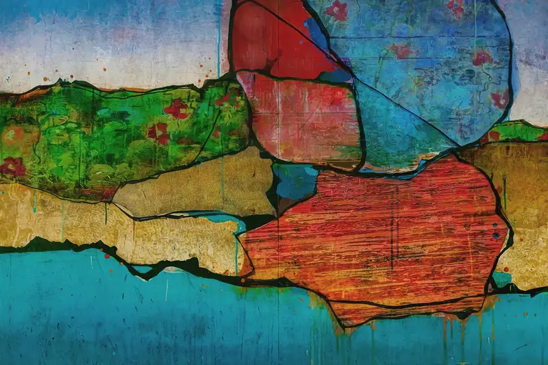 Colorful abstract landscape with layered organic shapes in turquoise, red, green, and gold.