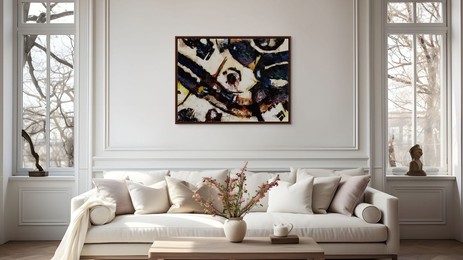 Large, Modern, Wall Art above Living Room Sofa demonstrated proper placement of artwork